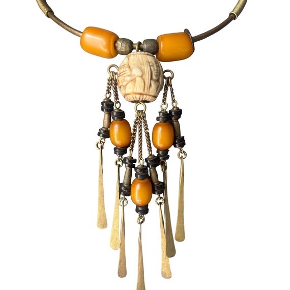 Bakelite Carved Wood Brass Choker Necklace Vintage