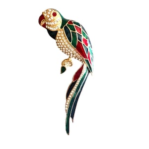 Vintage Parrot Bird Enamel Rhinestone Green Red Blue 4 inch Brooch Parrot