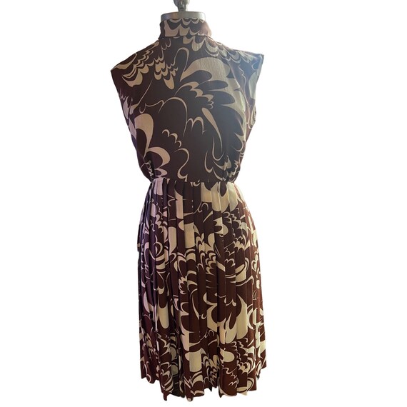 Vintage Dress Brown Ivory Abstract Print Pleated … - image 10