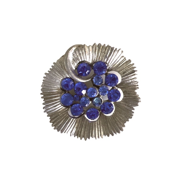 Vintage Blue Rhinestone Silver Tone Round Brooch Pin Round Ruffle Design 3D