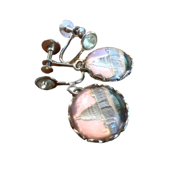 Vintage Dangle Earrings Capital Building Screw-back Pink Background US Congress View 5