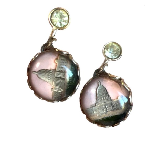 Vintage Dangle Earrings Capital Building Screw-back Pink Background US Congress View 2