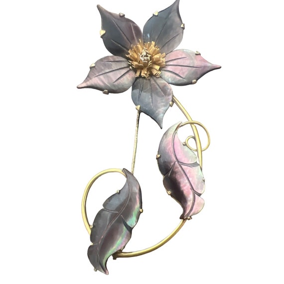 Vintage Mother of Pearl Flower Brooch, Gold Plate Ocean Treasures