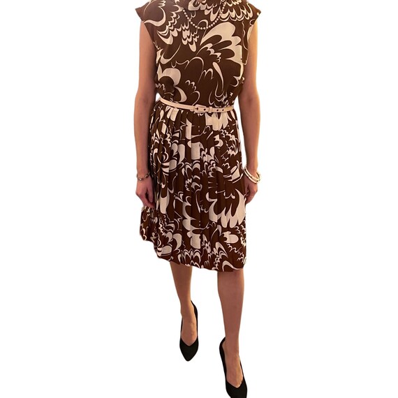 Vintage Dress Brown Ivory Abstract Print Pleated … - image 4