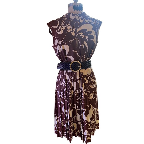 Vintage Dress Brown Ivory Abstract Print Pleated … - image 9