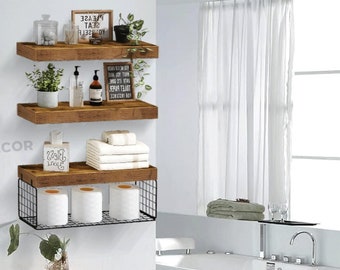 Set of 3 Wooden Bathroom Shelves With Storage Basket Bathroom Organizer ...