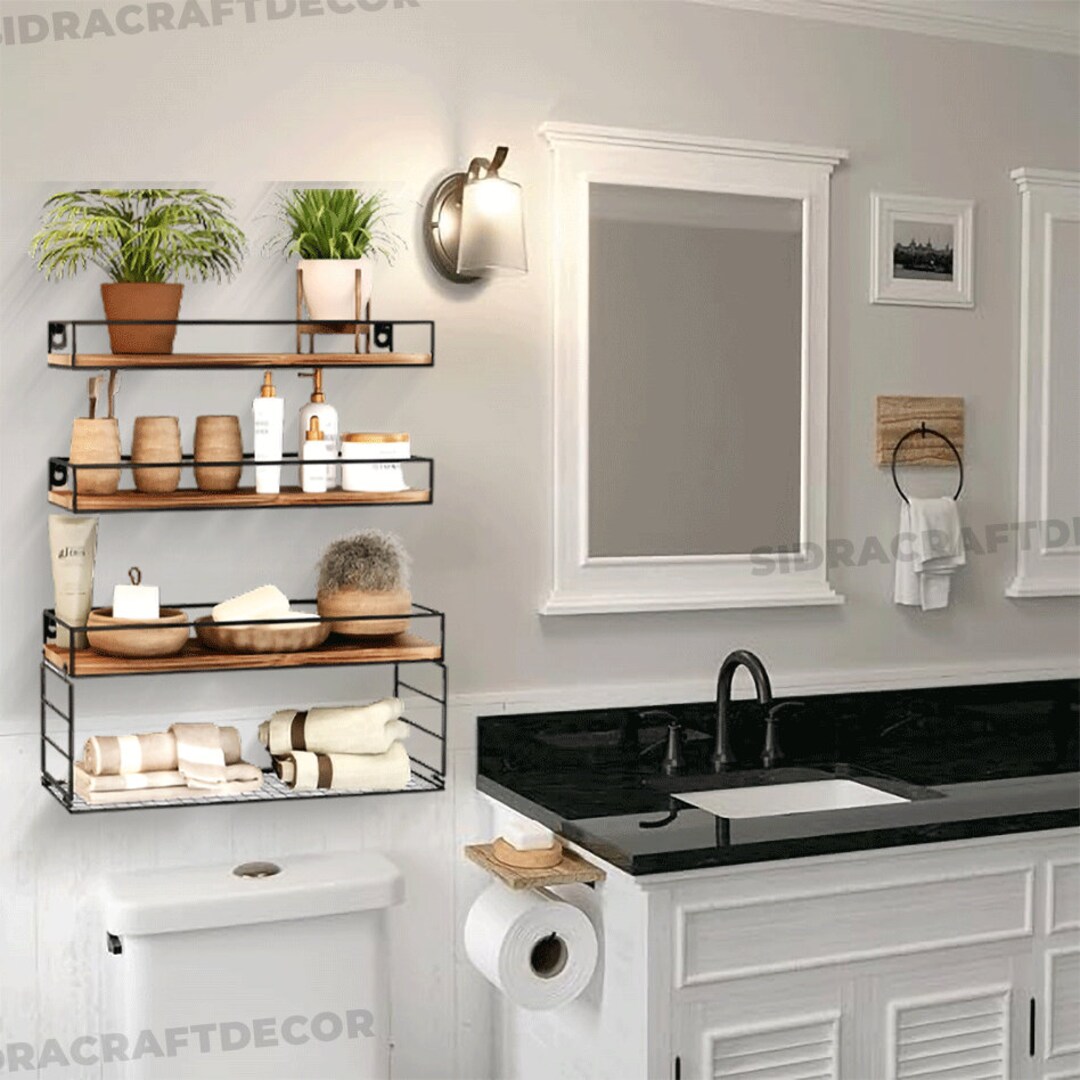 Set of 3 Wooden Bathroom Shelves With Storage Basket Bathroom Organizer ...