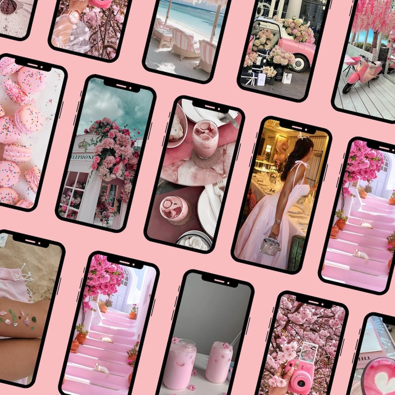 May include: A collection of smartphones displaying various pink-themed images. The screens showcase images of desserts, flowers, drinks, and scenic views. The phones are arranged on a pink background, creating a cohesive aesthetic.