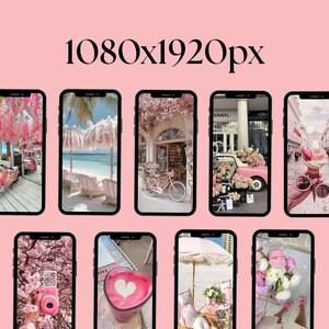 May include: A collection of phone screens displaying various aesthetic images. The screens showcase scenes with pink flowers, beach umbrellas, a bicycle, and a pink truck. The text "1080x1920px" is displayed at the top of the image.