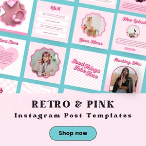 May include: A set of pink and white Instagram post templates with retro-style fonts and graphics. The templates feature various designs, including a heart, a microphone, a checkered pattern, and a striped pattern. The text on the templates includes "Good Things Take Time", "New Episode", "Booking Now", and "Q&A".