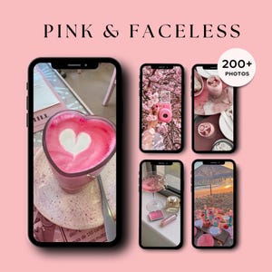 May include: A collection of phone screens displaying pink-themed photos. One screen shows a heart-shaped pink latte with a white heart design. Other screens feature images of cherry blossoms, drinks, and beach scenes. The text "PINK & FACELESS" is at the top.