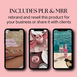 May include: Three smartphones displaying images of a beach scene, a table setting with a pink drink, and a pool scene with a pink beverage. The text "INCLUDES PLR & MRR" and a tagline are at the top of the image.