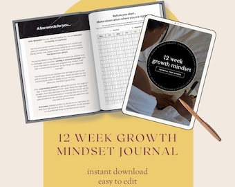 Diario de 12 semanas sobre mentalidad de crecimiento, plantillas de hojas de trabajo de dominio de la mentalidad de crecimiento digital de Canva, imprimibles, desarrollo personal, atención plena, PLR MRR