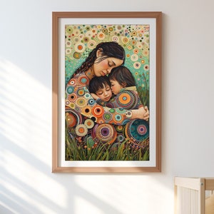 母親が子供を抱きしめるプリント、愛を育む壁アート、カラフルな母性のダウンロード、母性保育デジタル、新米ママのアートワーク