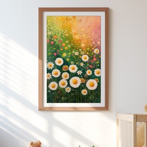 Spring Daisies in Bloom Poster, Pastel Daisy Wall Art, Delicate Floral Print, Farmhouse Flowers Decor, Country Cottage Painting