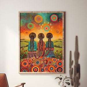 May include: Three women with long dark hair stand side-by-side, facing away from the viewer. They are wearing colorful patterned dresses and are standing in a field of flowers. The background is a sunset sky with colorful circles.