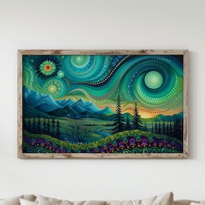 Aurora Borealis Landschaft Wandkunst, Nordlichter, Nachthimmel Poster, Bäume und Berge Kunst, tanzender Himmel digitaler Download,