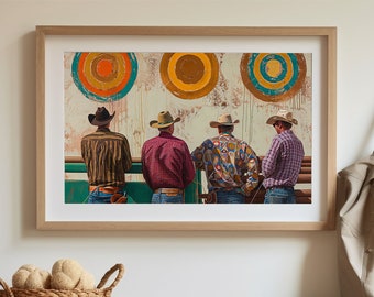 May include: A wooden bench with a shelf underneath. There are four pairs of green rubber boots on the shelf. A brown canvas tote bag hangs on the wall behind the bench. A framed print of four cowboys in front of a wall with three targets hangs above the bench.