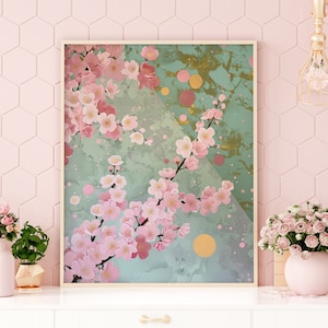 桜のアートワーク、桜の壁アート、繊細な花柄プリント、春の花柄プリント、パステルピンクの桜のポスター、金箔アート