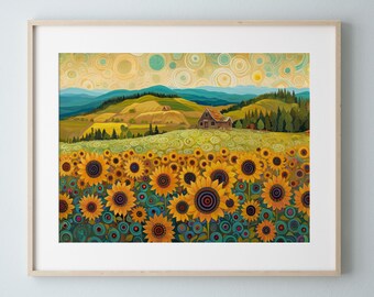 Sunflower Field Art Print: Rustic Farmhouse Landscape (Digital Download)