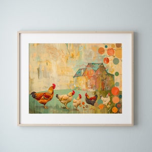 Chicken Art Print, Country Chickens Rustic Wall Art, Cozy Cottage Printable, Colourful Cottage Download, Whimsical Countryside Western Decor