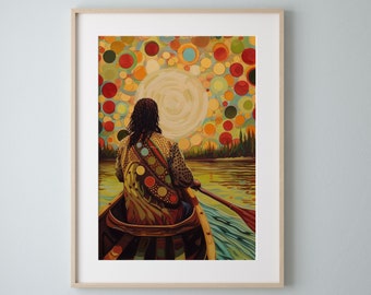 Indigenous Man in Canoe Art Print: Tranquil River Journey (Digital Download)