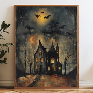 Haunted House Print, Halloween Decoration, Unique Halloween Art, Spooky Wall Art, Gothic Halloween, Bats and Haunted House, Halloween Decor
