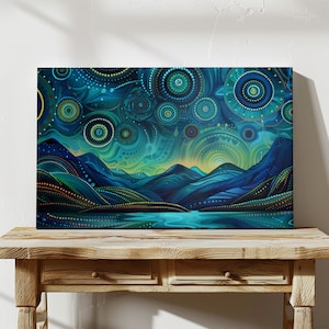 Aurora Borealis Landschaft Wandkunst, Nordlichter, Nachthimmel Poster, abstrakte Malerei Berg, tanzender Himmel digitaler Download,