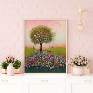 Spring Pink Tree Artwork, Whimsical Tree with Swing Wall Art, Field of Spring Flowers Print, Springtime Poster, Pastel Pink & Green