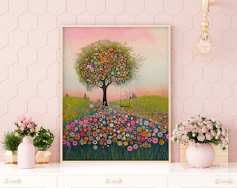 Whimsical Spring Tree Art: Floral Swing Print (Digital Download)