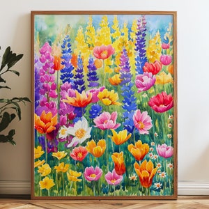 Spring Floral Watercolour, Vibrant Flower Artwork, Wildflower Decor, Colorful Garden Print, Springtime Bloom Print, Blossom Art, Garden Art