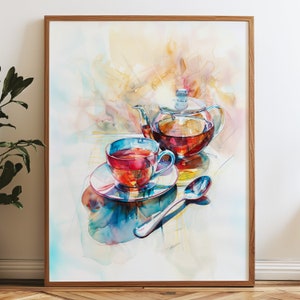 May include: A watercolor painting of a glass teapot and teacup with a spoon on a checkered tablecloth. The teapot and cup are filled with dark red tea. The background is a watercolor wash of yellow, orange, and pink.