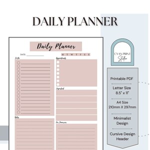 Pode incluir: Um planejador diário imprimível com um design minimalista. O planejador tem seções para listas de tarefas, compromissos, tarefas importantes e notas. Apresenta um cabeçalho em cursivo e está disponível no tamanho carta (8,5 x 11 polegadas) e no tamanho A4 (210 x 297 mm).