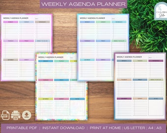 May include: Four printable weekly agenda planner pages with pastel colored backgrounds and a rainbow watercolor border. Each page has a grid for each day of the week, a section for notes, and a weekly to-do list.