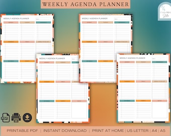 May include: Four printable weekly agenda planner pages with a colorful abstract design. Each page has a grid for scheduling daily activities, a weekly to-do list, and a notes section.