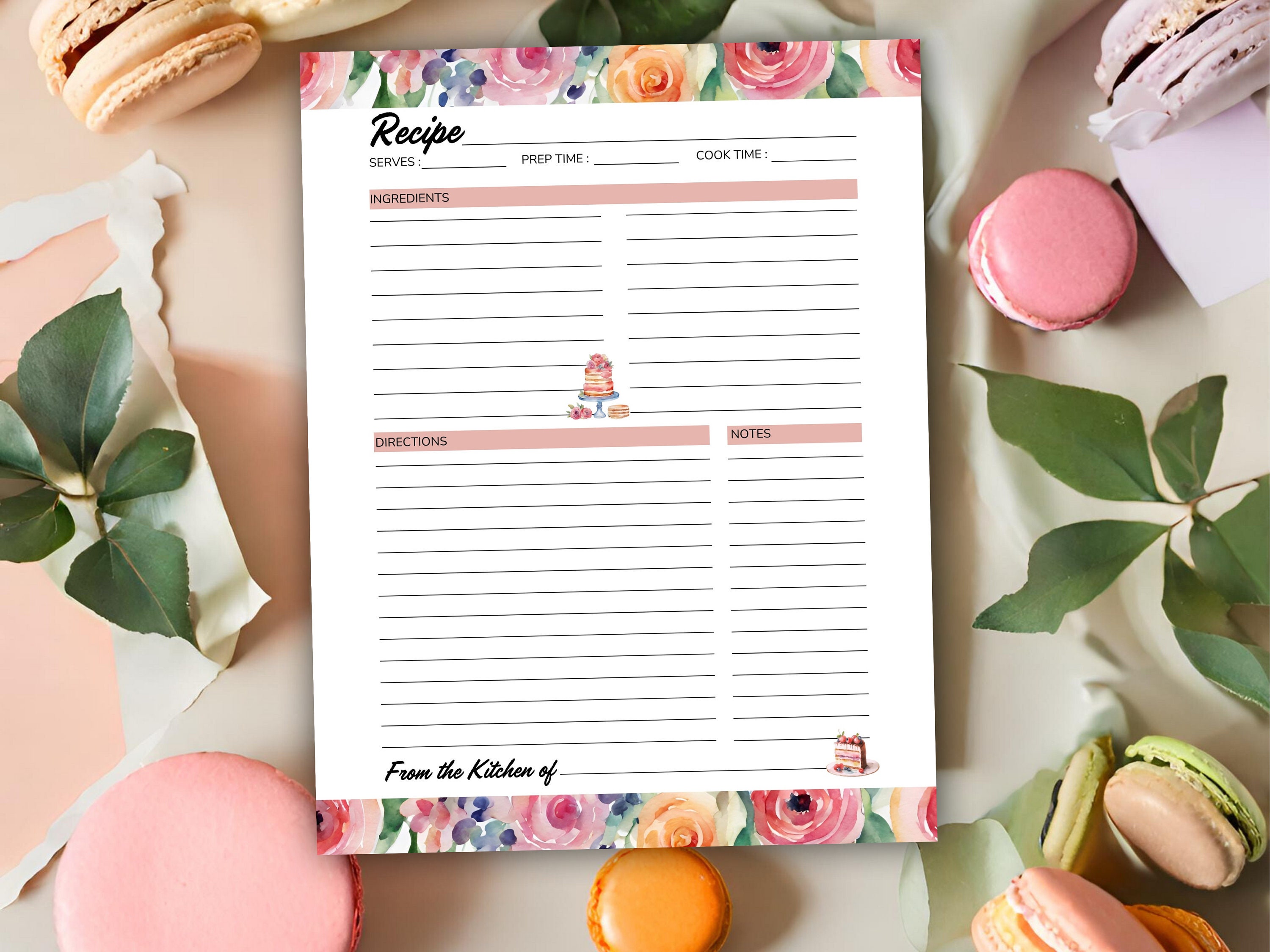 Recipe Page, Recipe Card, Recipe Cookbook, Recipe Sheet | Letter Size | A4 | PDF | PRINTABLE | Floral