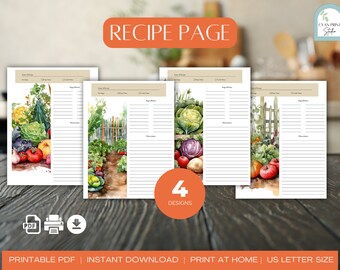 Printable Recipe Page | Blank Recipe Page | Instant Download Recipe Page | US Letter Size | PDF | Garden Vegetables Design | Binder Recipe