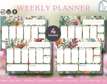 May include: Four printable weekly planner designs featuring a floral pattern with a light green, cream, and white background. Each planner has a section for "This Week", "To Do", and "Don't Forget".