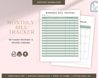 Monthly Bill Tracker, Bill Payment, Budget Planner, Finance Planner, Monthly Planner  | Letter Size | A4 | PDF | PRINTABLE | Minimalist