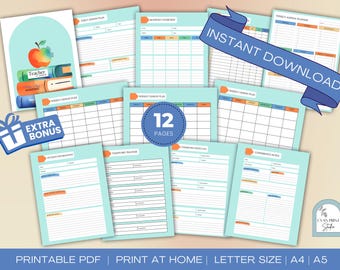 May include: A printable teacher planner with 12 pages, including a weekly lesson plan, daily lesson plan, monthly overview, and parent communication log. The planner is in a light blue and orange color scheme with a cute apple illustration on the cover.