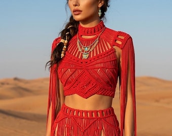 Red Macrame Festival Dress, Boho Rave Outfit, Handmade Goddess Costume