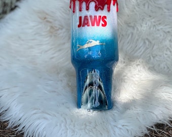 Shark 40 oz Handle, Red blood Glow Drip, Jaws Themed tumbler. Shark tumbler