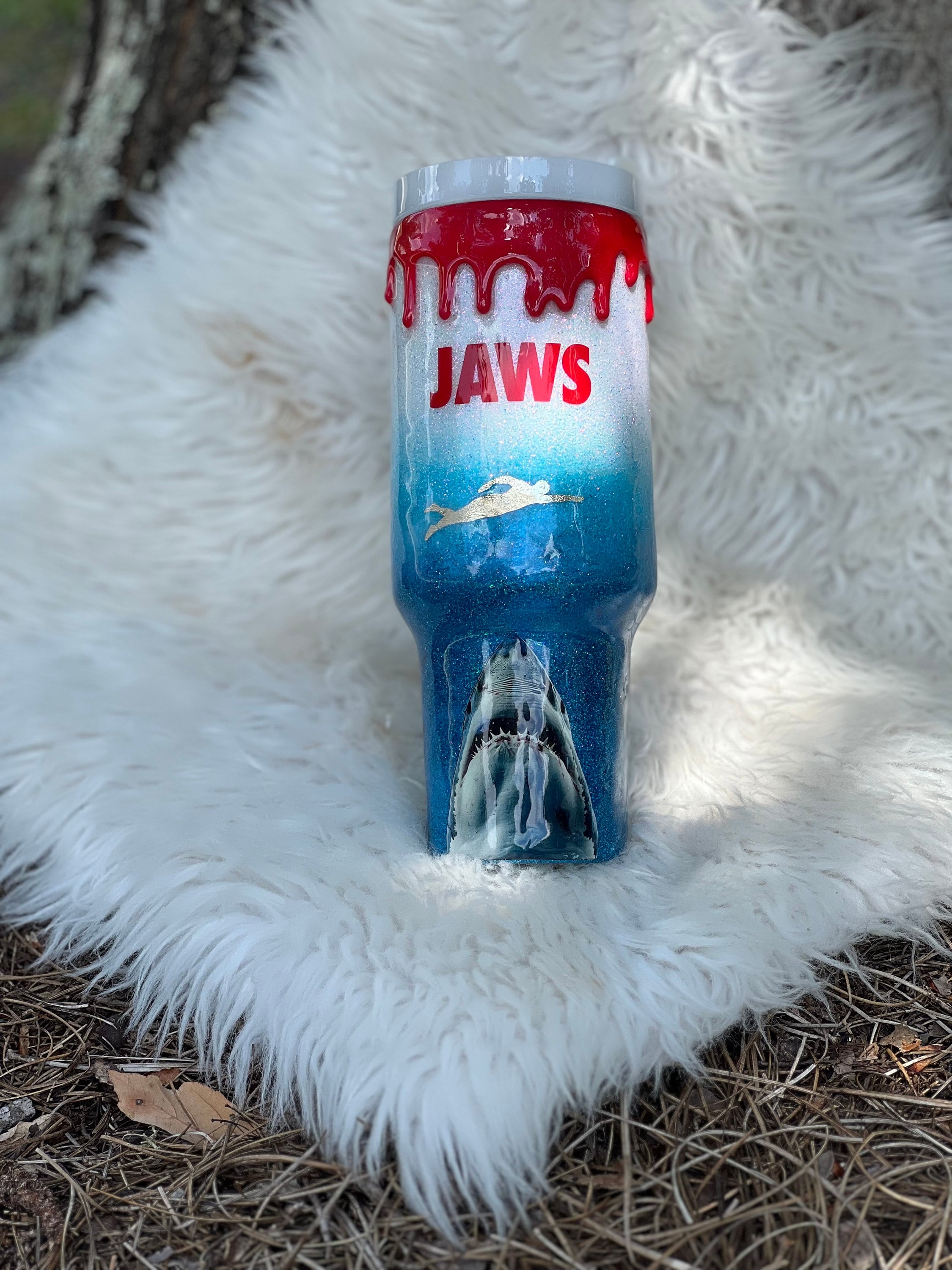 Shark 40 Oz Handle, Red Blood Glow Drip, Jaws Themed Tumbler