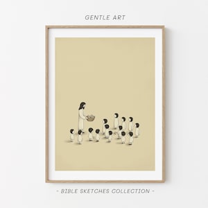 La alimentación de los 5000, cinco panes y dos peces, historias bíblicas ilustradas, bosquejo bíblico, caricatura de Jesús, preescolar cristiano, arte bíblico, bs8