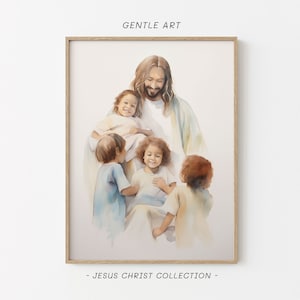 Puede incluir: Impresión en acuarela enmarcada. La obra representa una figura con pelo largo y una túnica blanca rodeada de niños. La imagen tiene colores suaves. El texto "GENTLE ART" y "- JESUS CHRIST COLLECTION -" es visible.