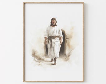 May include: A framed print featuring a watercolor painting of a figure in a white robe, emerging from a stone structure. The artwork is part of the "Bible Sketches Collection" and includes the text "GENTLE ART".