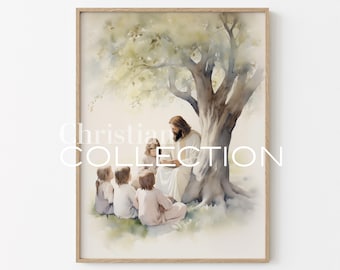 Jesus Teaching Children, Jesus Watercolor, Jesus Portrait, Jesus Painting, Jesus Print, Christian Home Decor, Jesus Printable Wall Art, jc10