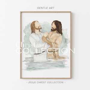 Jesus Baptized, John The Baptist, Jesus Watercolor Baptism Of Jesus, LDS Picture Christ, Christian Painting, Holly Spirit, Bible Story, jc61