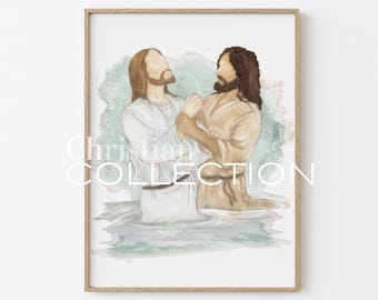 Jesus Baptized, John The Baptist, Jesus Watercolor Baptism Of Jesus, LDS Picture Christ, Christian Painting, Holly Spirit, Bible Story, jc61