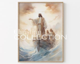Jezus Ucisza Burzę, Cuda Jezusa Chrystusa, Grafika Chrześcijańska, Clipart z Jezusem, Historie Biblijne, Grafika z Jezusem, Sztuka Biblijna, jc75